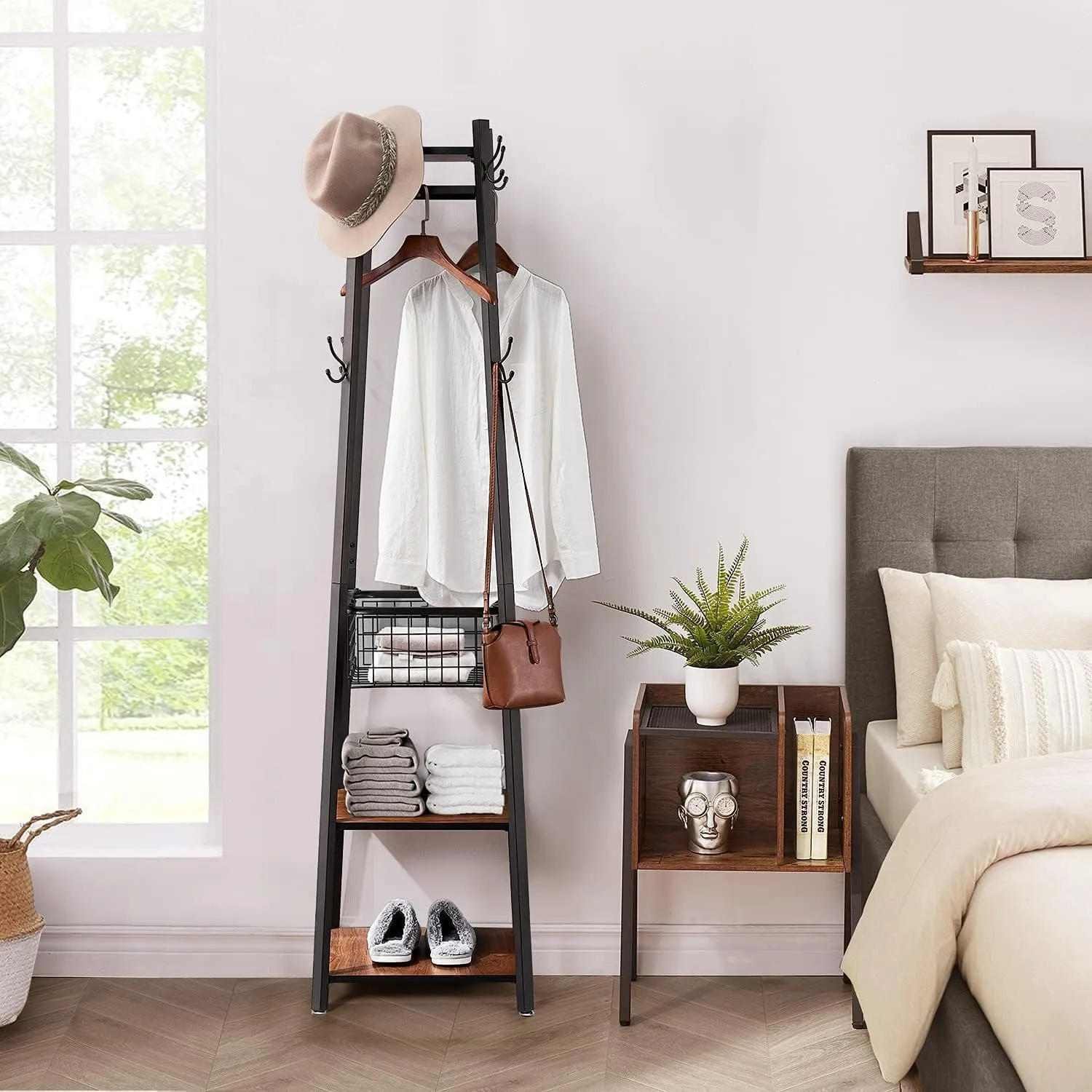 VECELO Coat Rack Freestanding,Hall Tree with Metal Basket and Storage Shelves,Industrial Coat Rack Stand with 8 Hooks for Hanging Coats/Hats/Bags/Umbrellas,18 x 18 x 72 In,Vintage Brown