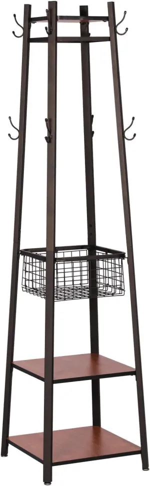 VECELO Coat Rack Freestanding,Hall Tree with Metal Basket and Storage Shelves,Industrial Coat Rack Stand with 8 Hooks for Hanging Coats/Hats/Bags/Umbrellas,18 x 18 x 72 In,Vintage Brown