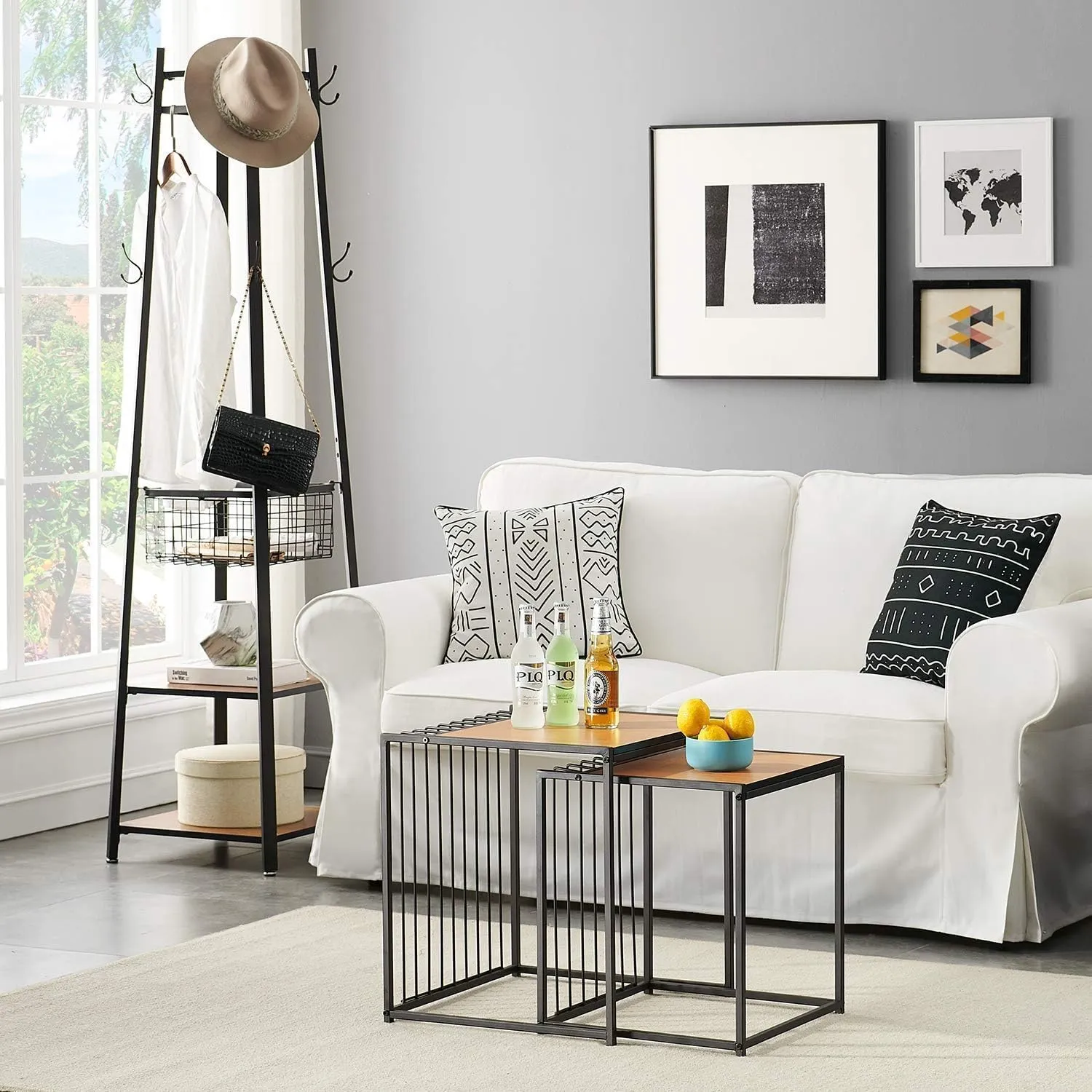 VECELO Coat Rack Freestanding,Hall Tree with Metal Basket and Storage Shelves,Industrial Coat Rack Stand with 8 Hooks for Hanging Coats/Hats/Bags/Umbrellas,18 x 18 x 72 In,Vintage Brown