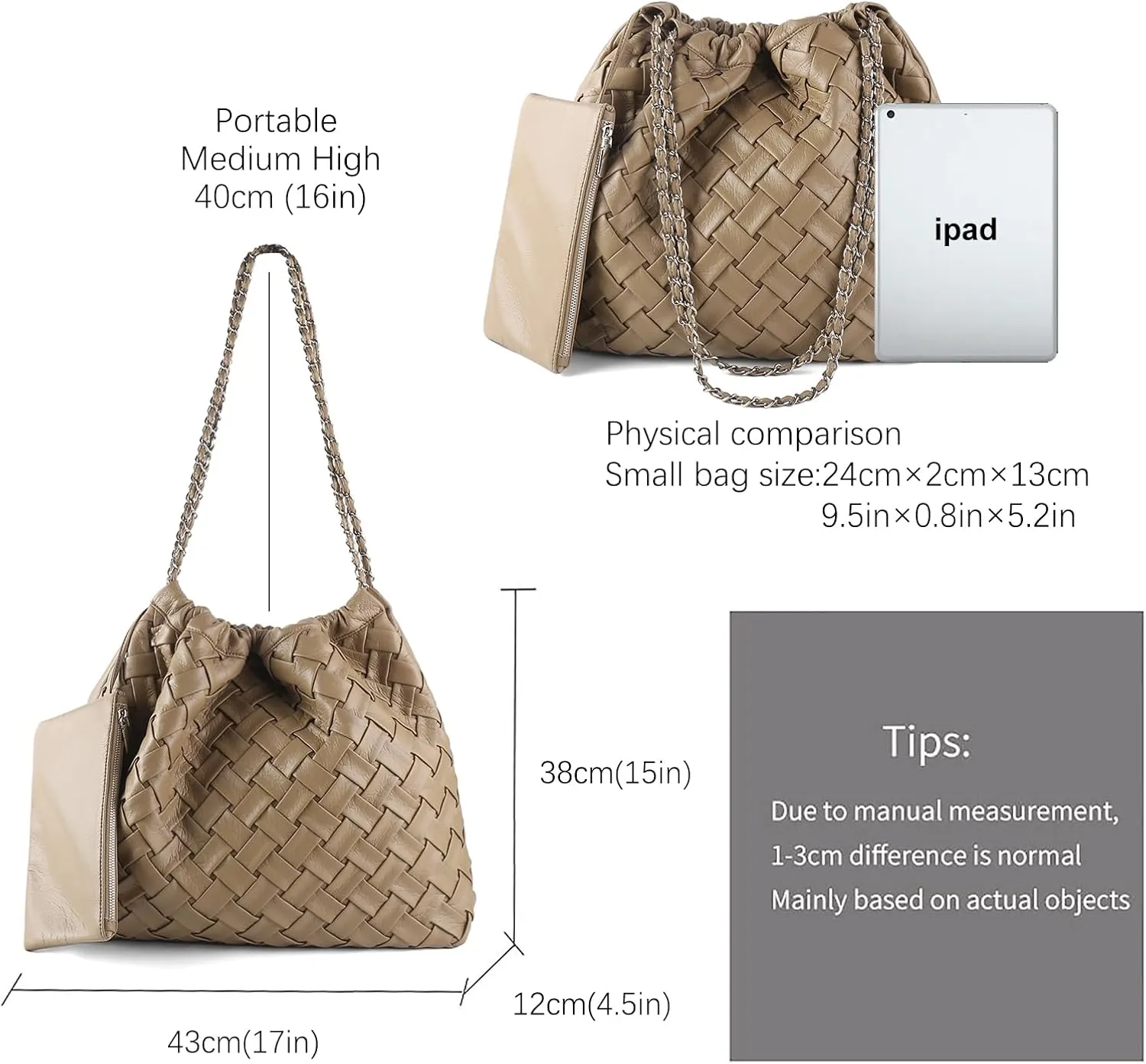 Vegan Leather Hobo Bag,Shoulder Bag for Women,Large Tote Bag With Chain Strap,Woven Soft Leather Handbag With Purse