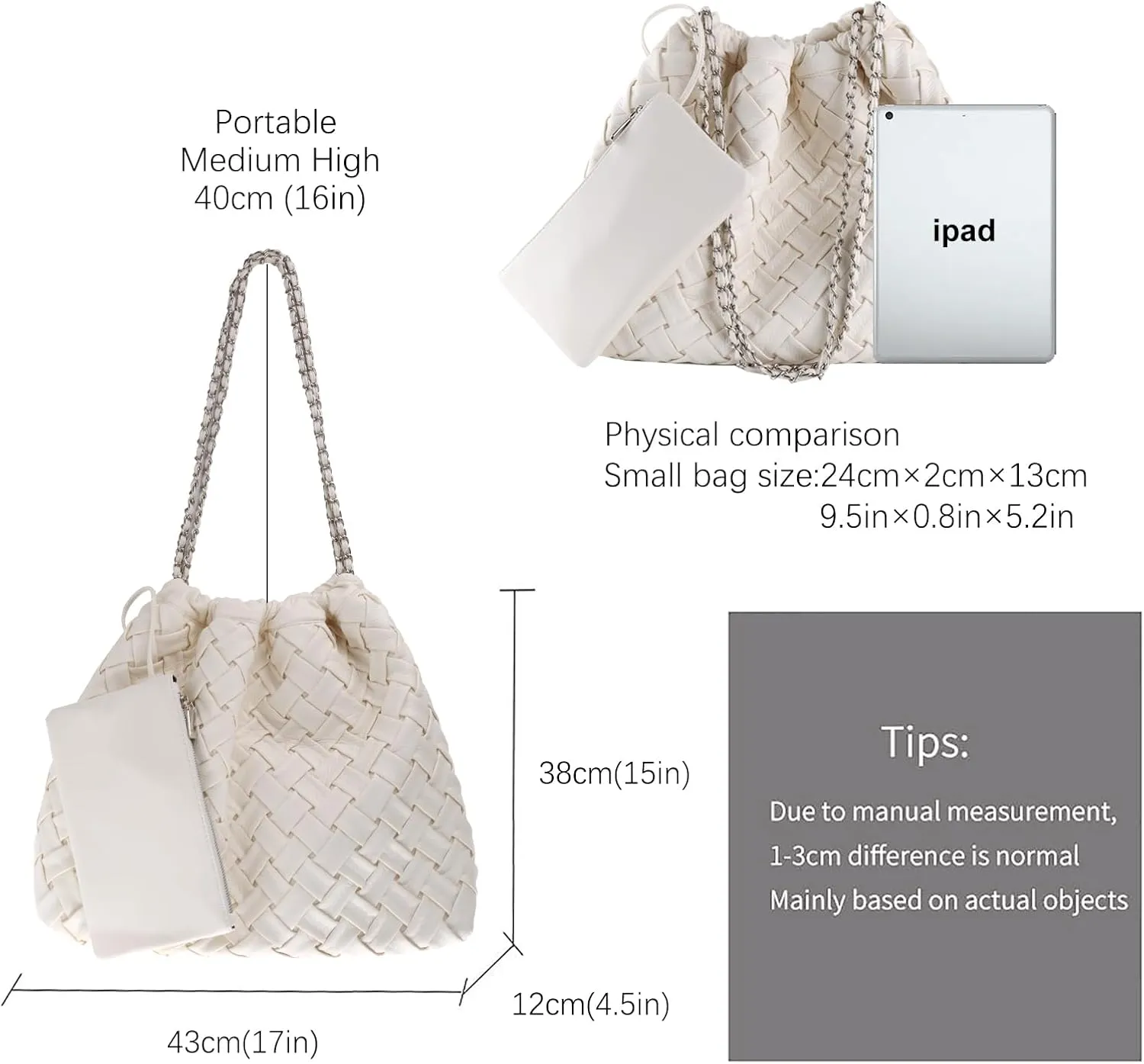 Vegan Leather Hobo Bag,Shoulder Bag for Women,Large Tote Bag With Chain Strap,Woven Soft Leather Handbag With Purse