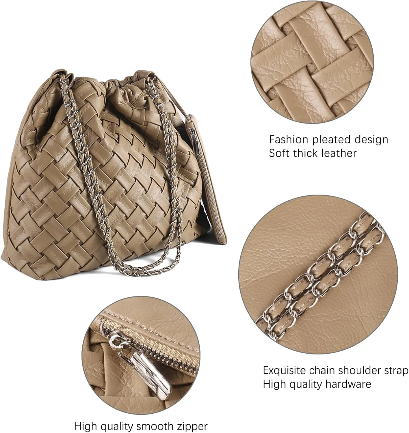 Vegan Leather Hobo Bag,Shoulder Bag for Women,Large Tote Bag With Chain Strap,Woven Soft Leather Handbag With Purse