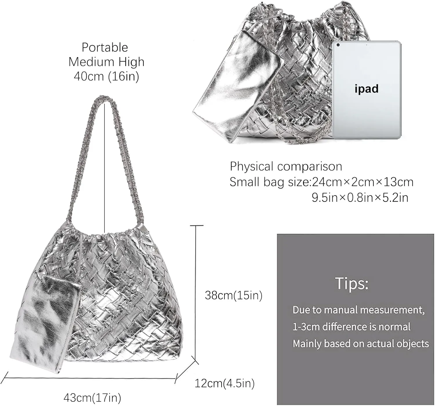 Vegan Leather Hobo Bag,Shoulder Bag for Women,Large Tote Bag With Chain Strap,Woven Soft Leather Handbag With Purse