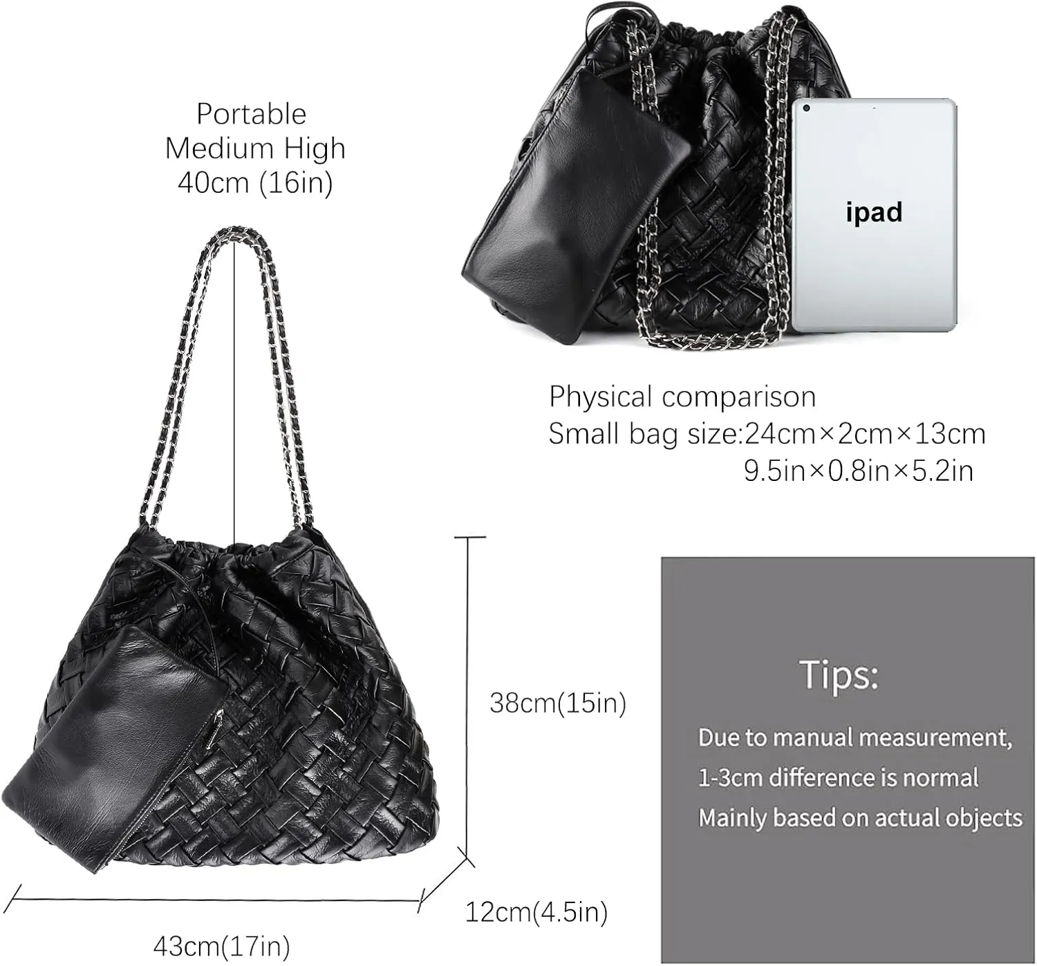 Vegan Leather Hobo Bag,Shoulder Bag for Women,Large Tote Bag With Chain Strap,Woven Soft Leather Handbag With Purse