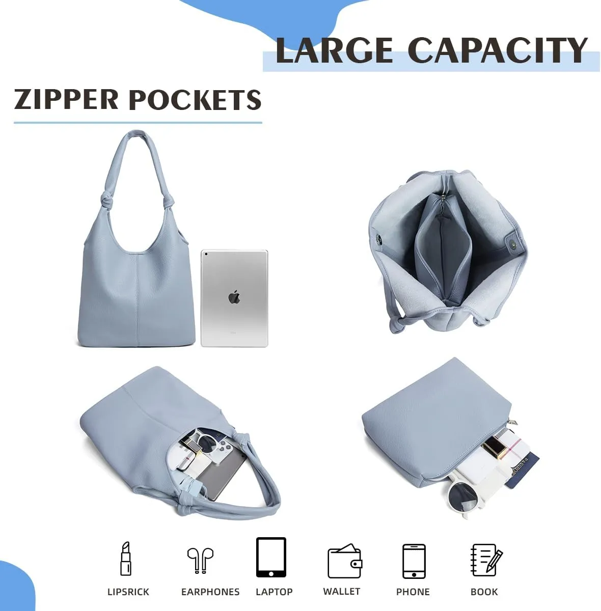 Vegan Leather Hobo Purses set, Slouchy Shoulder Bag Knotted Hobo Bags for Women with a small Purse and Clutch Handbag