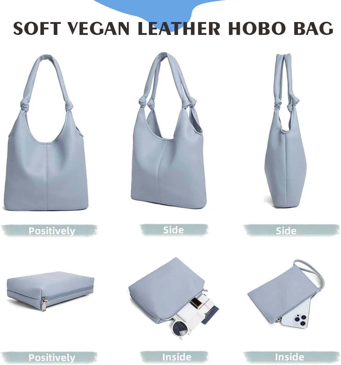 Vegan Leather Hobo Purses set, Slouchy Shoulder Bag Knotted Hobo Bags for Women with a small Purse and Clutch Handbag
