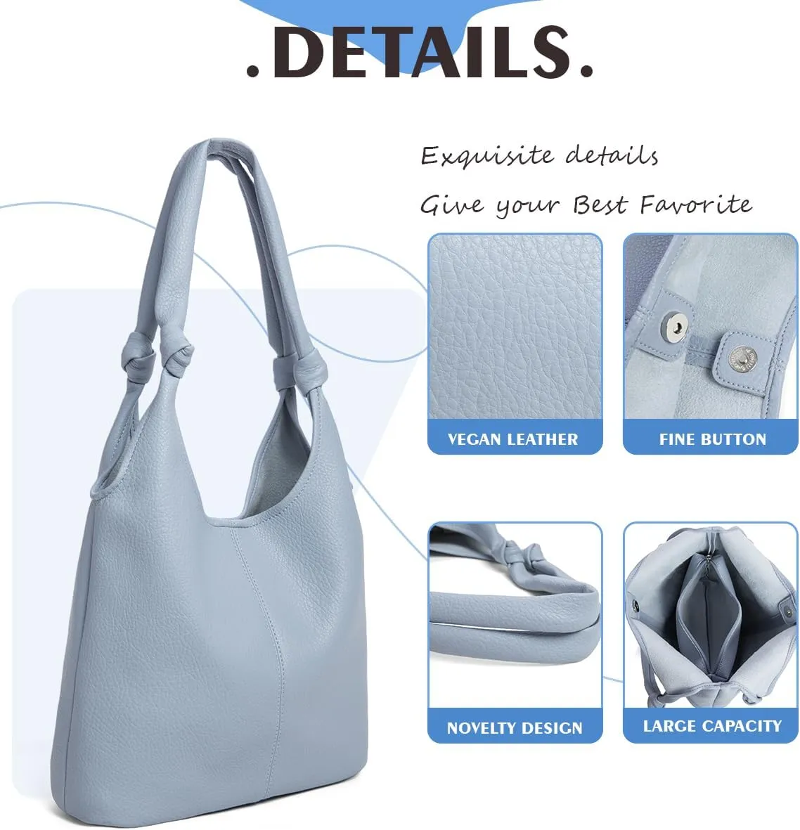 Vegan Leather Hobo Purses set, Slouchy Shoulder Bag Knotted Hobo Bags for Women with a small Purse and Clutch Handbag