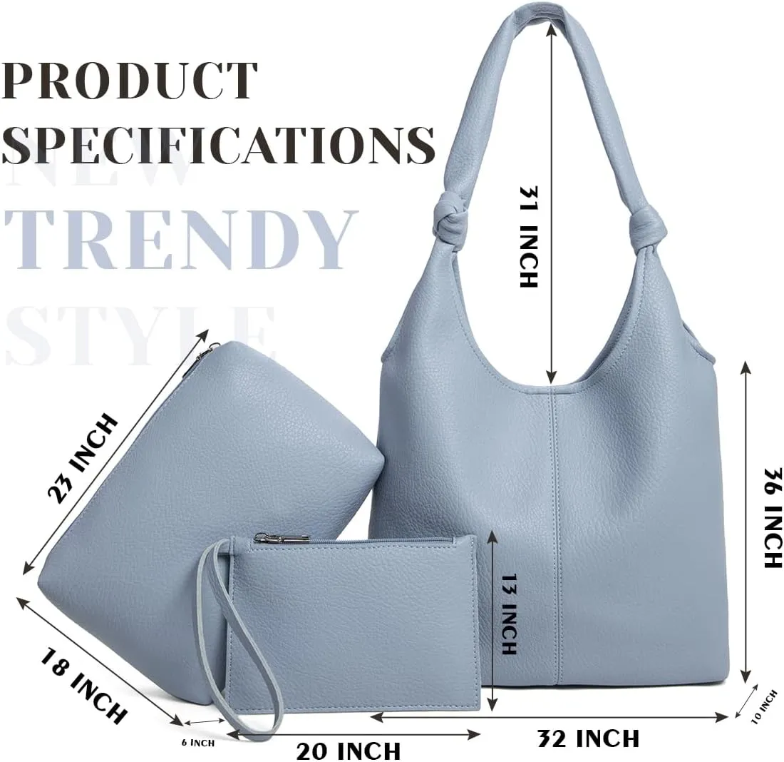 Vegan Leather Hobo Purses set, Slouchy Shoulder Bag Knotted Hobo Bags for Women with a small Purse and Clutch Handbag