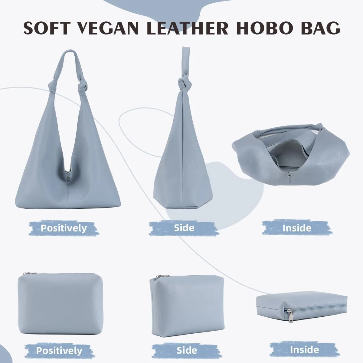 Vegan Leather Hobo Purses set, Slouchy Shoulder Bag Knotted Hobo Bags for Women with a small purse