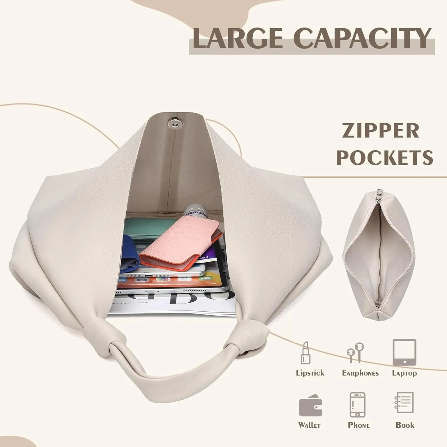 Vegan Leather Hobo Purses set, Slouchy Shoulder Bag Knotted Hobo Bags for Women with a small purse