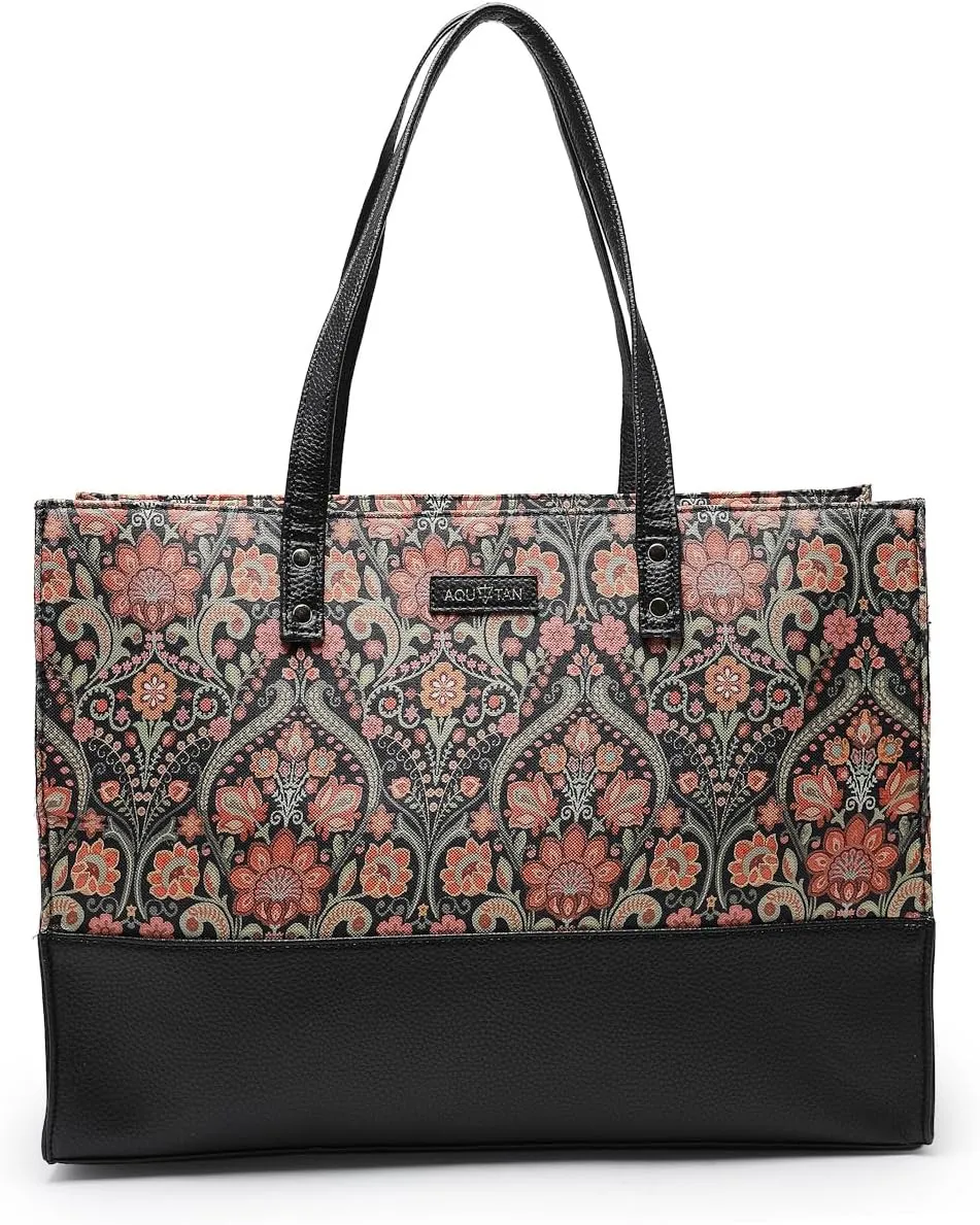 Vegan Leather PU Tote Bag for Women Spacious, Stylish, Sturdy PU Material Handbag Zippered Compartment,Office and Travel Friendly for Girls, Black Printed