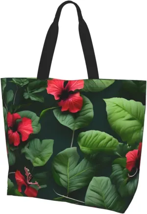 Vegetation Leaves with Hibiscus Flowers print Single shoulder shopping bag, reusable handbag,Fit for work and shopping