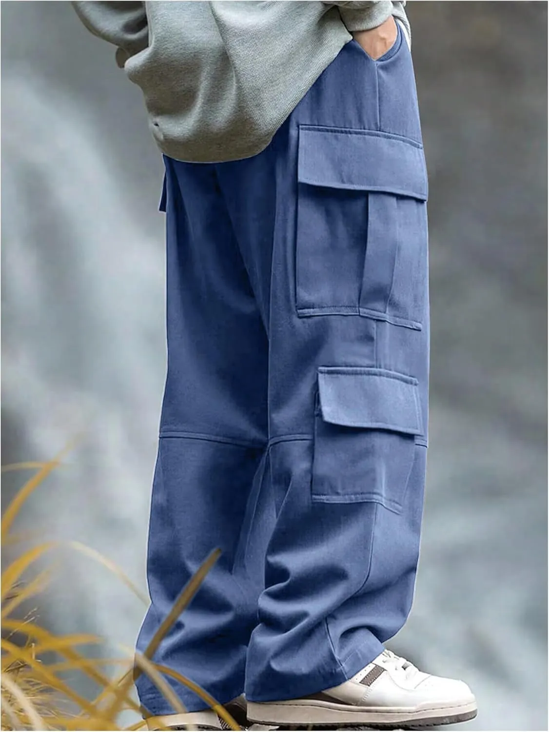Verdusa Men's Baggy Cargo Pants Drawstring Elastic Waist Flap Pockets Loose Pants