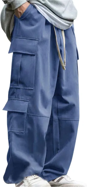 Verdusa Men's Baggy Cargo Pants Drawstring Elastic Waist Flap Pockets Loose Pants