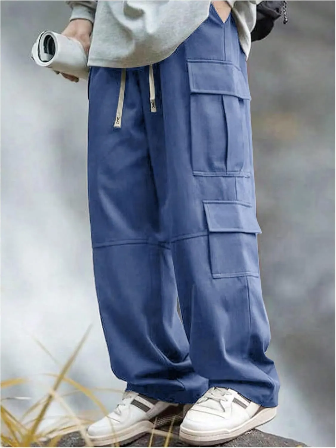 Verdusa Men's Baggy Cargo Pants Drawstring Elastic Waist Flap Pockets Loose Pants