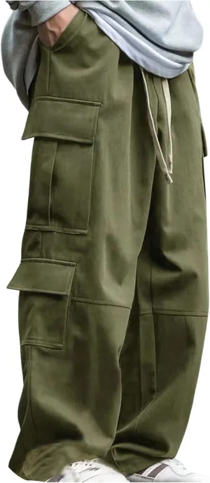 Verdusa Men's Baggy Cargo Pants Drawstring Elastic Waist Flap Pockets Loose Pants
