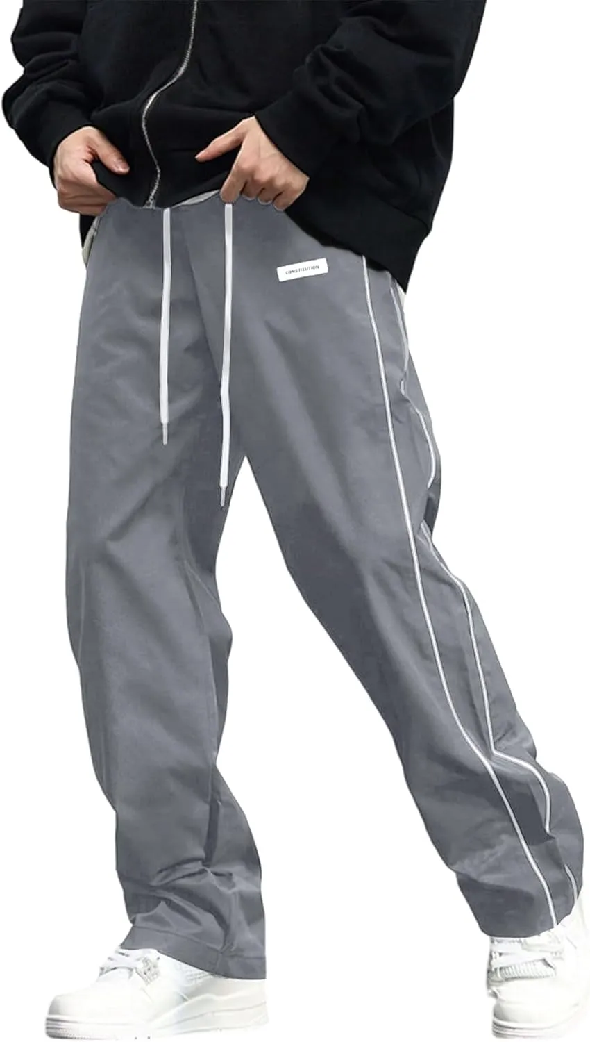 Verdusa Men's Track Pants Straight Leg Acitve Streetwear Elastic Waist Parachute Pants with Pockets