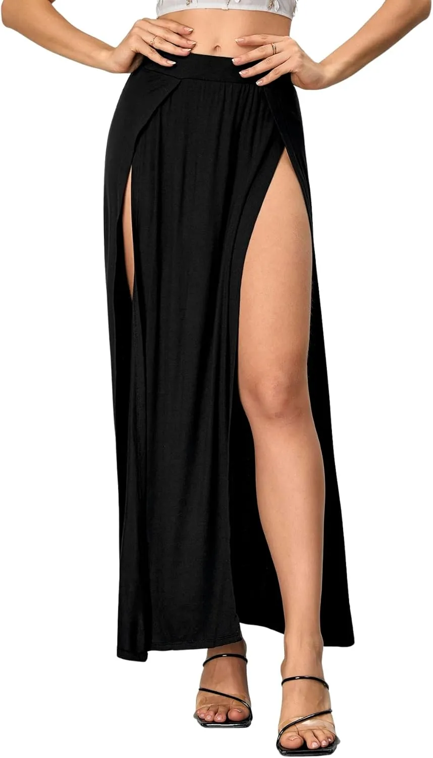 Verdusa Women's Elastic Waist High Split Wrap Flowy Long Maxi Skirt