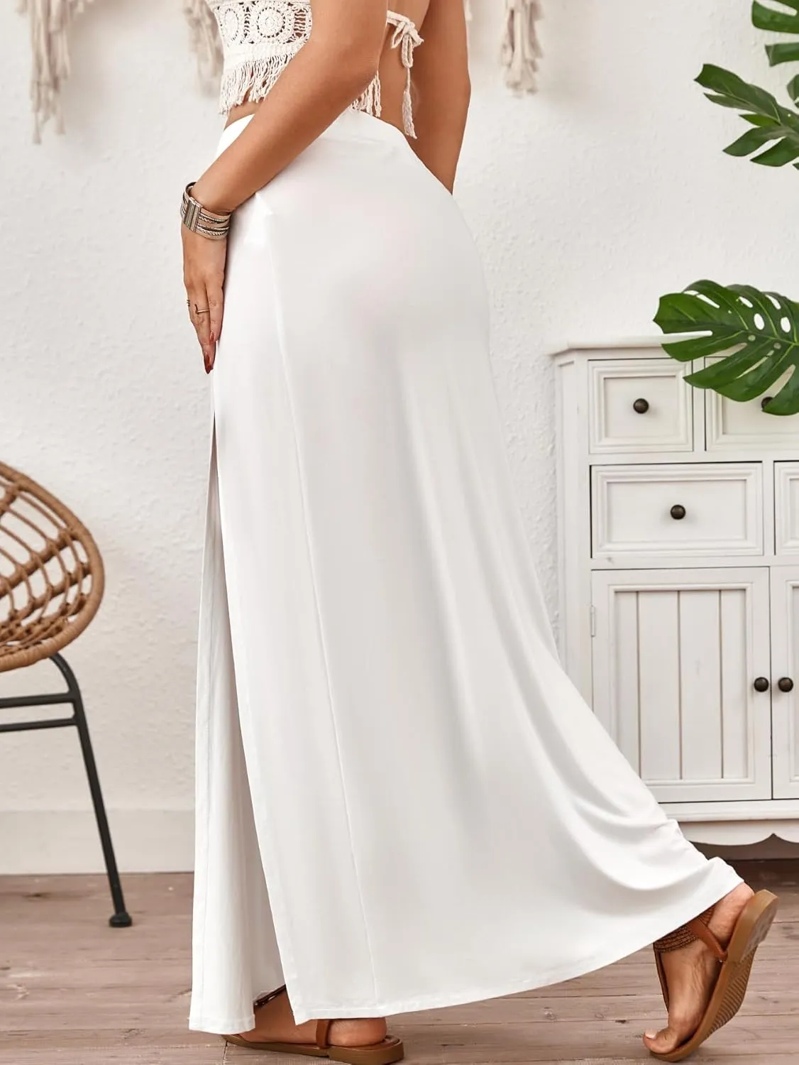 Verdusa Women's Elastic Waist High Split Wrap Flowy Long Maxi Skirt