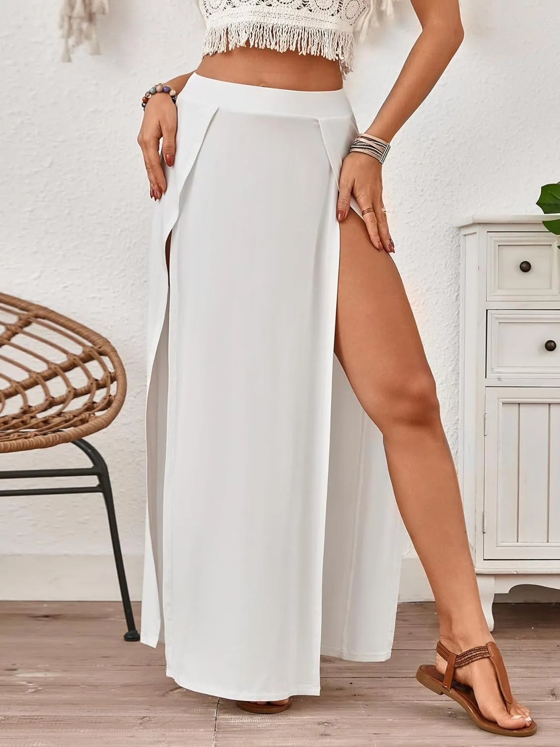 Verdusa Women's Elastic Waist High Split Wrap Flowy Long Maxi Skirt