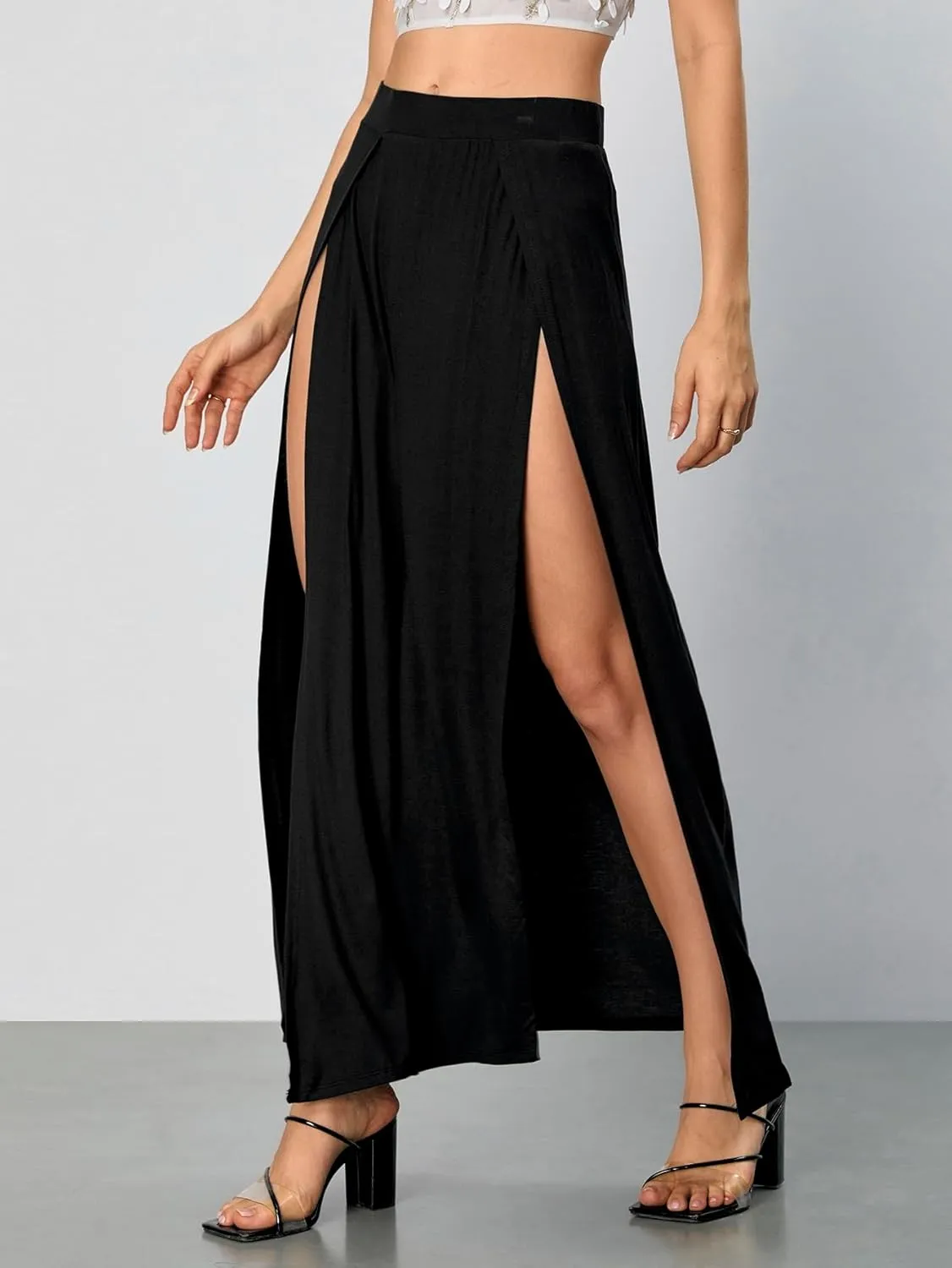 Verdusa Women's Elastic Waist High Split Wrap Flowy Long Maxi Skirt