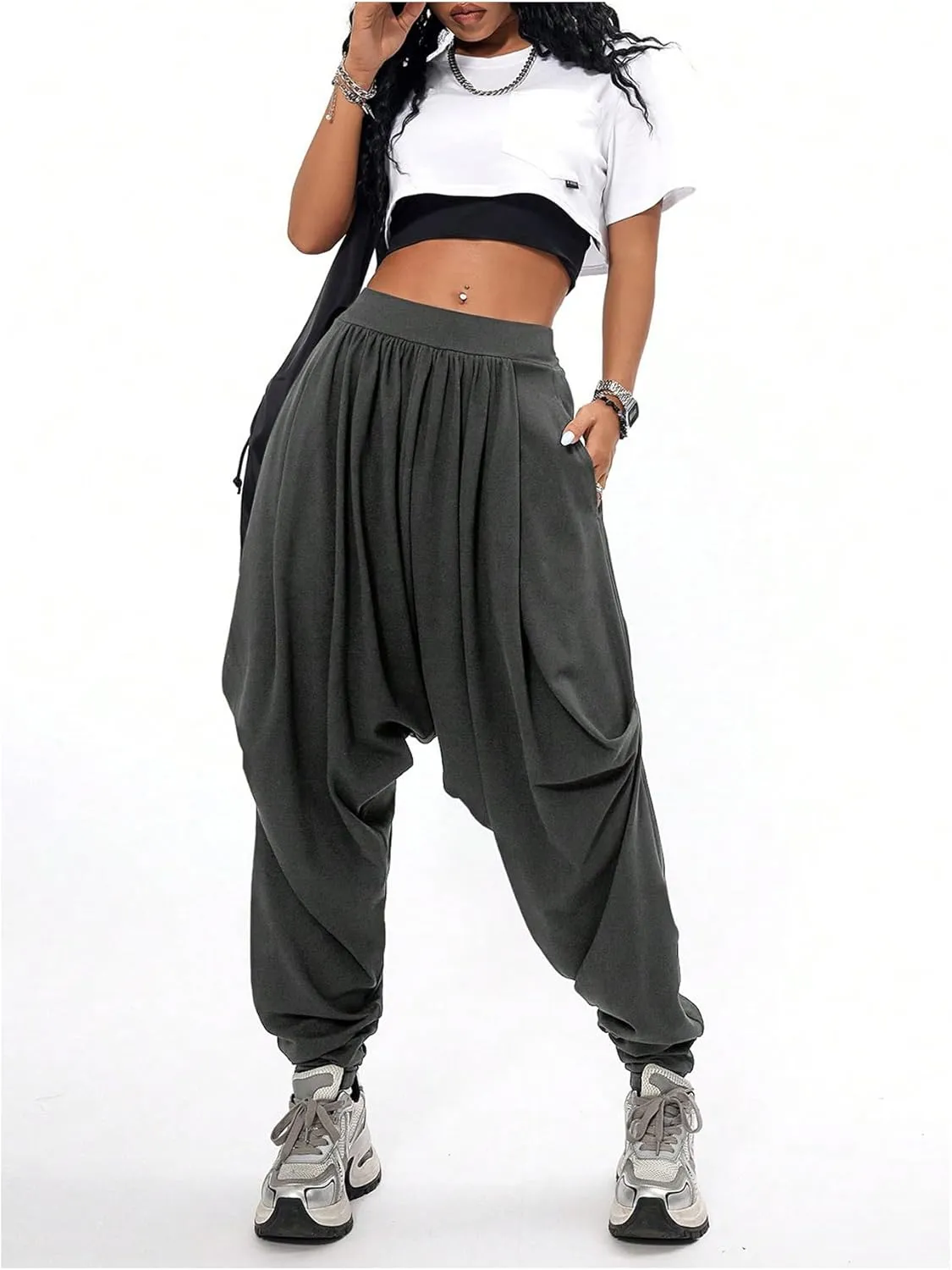 Verdusa Women's Hippie Baggy Harem Pants Elastic Waist Drop Crotch Trousers with Pockets