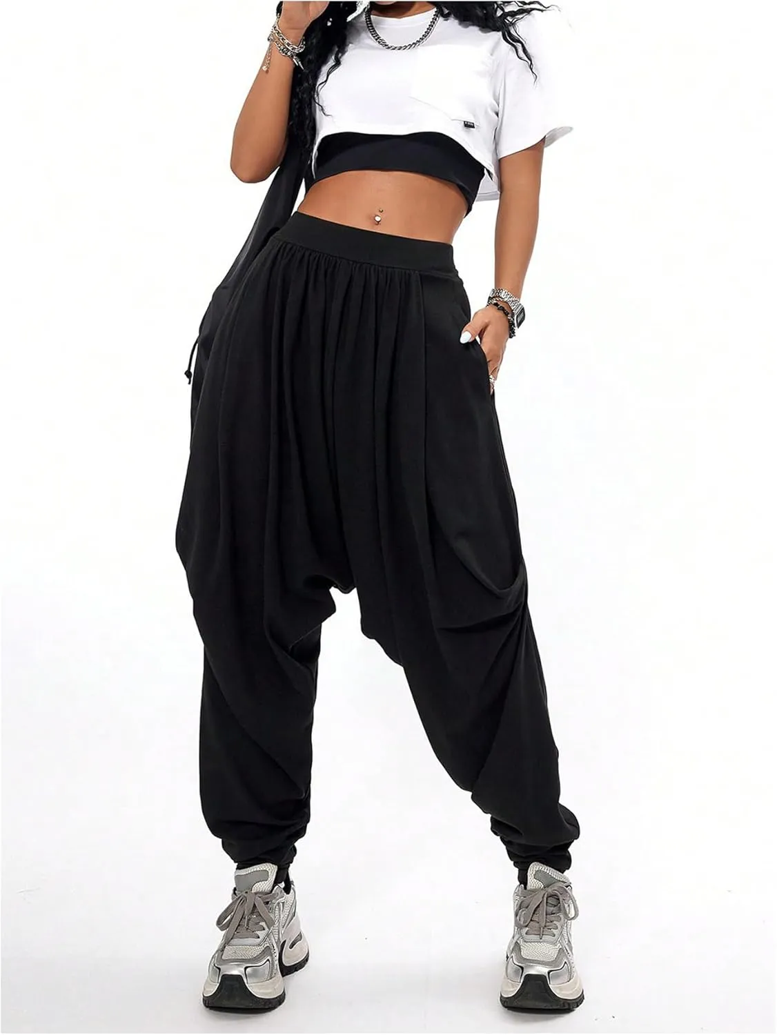 Verdusa Women's Hippie Baggy Harem Pants Elastic Waist Drop Crotch Trousers with Pockets