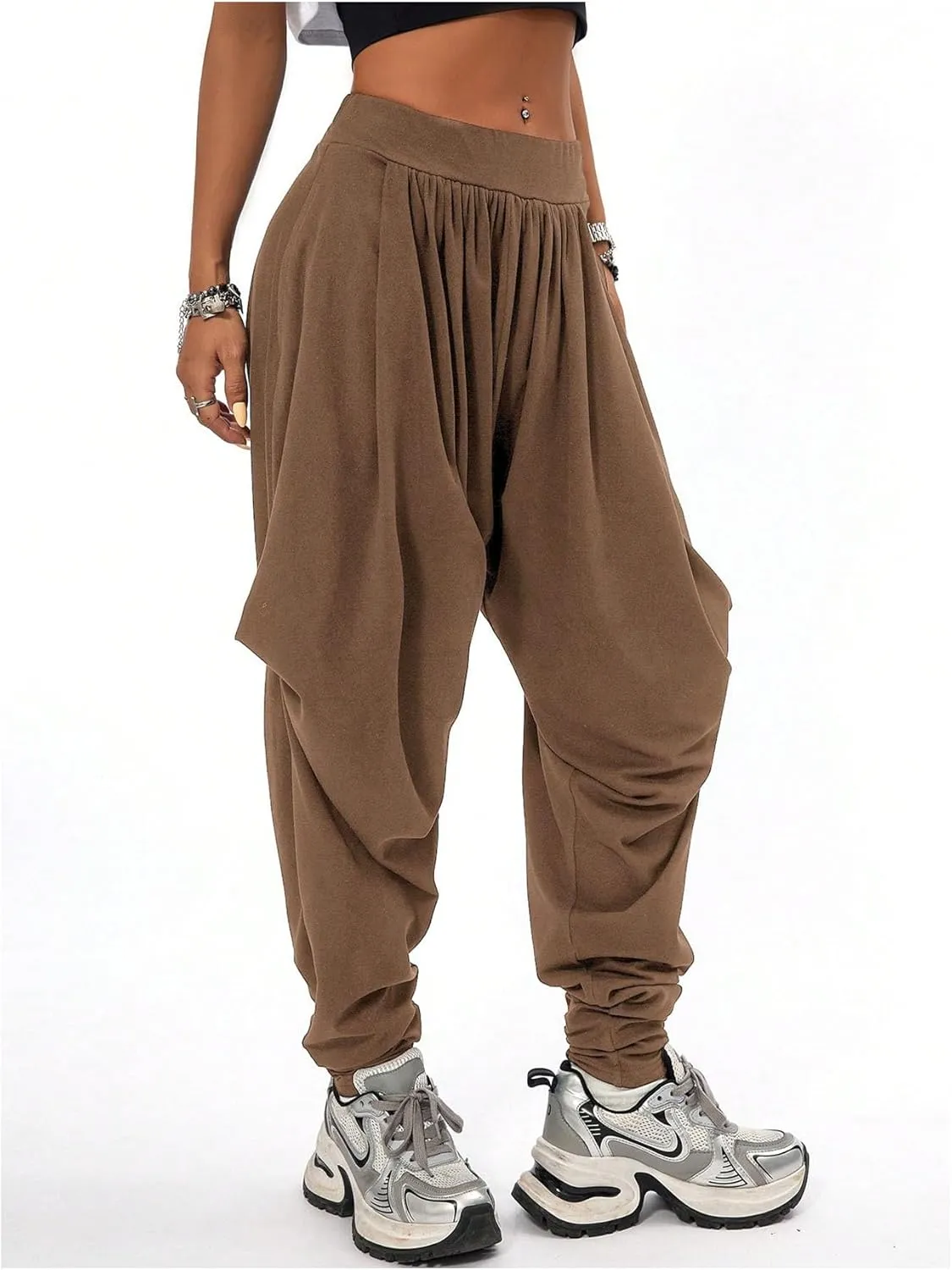 Verdusa Women's Hippie Baggy Harem Pants Elastic Waist Drop Crotch Trousers with Pockets
