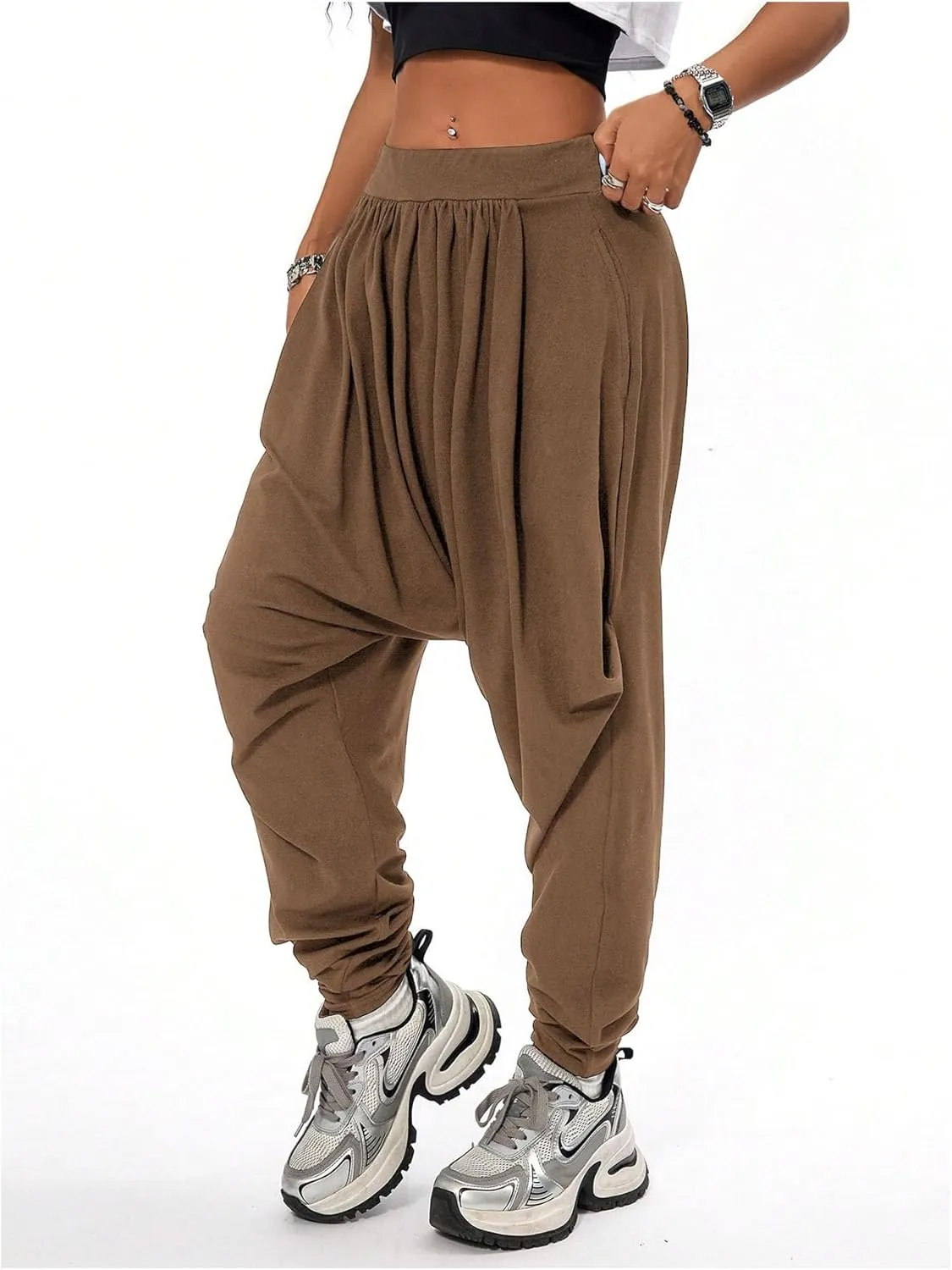 Verdusa Women's Hippie Baggy Harem Pants Elastic Waist Drop Crotch Trousers with Pockets