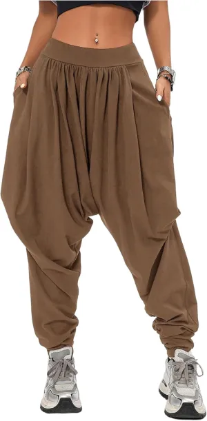 Verdusa Women's Hippie Baggy Harem Pants Elastic Waist Drop Crotch Trousers with Pockets