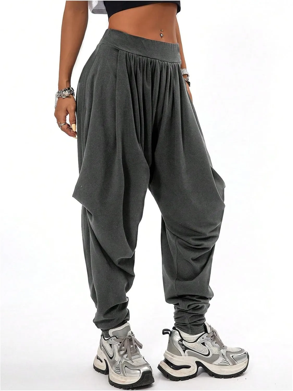 Verdusa Women's Hippie Baggy Harem Pants Elastic Waist Drop Crotch Trousers with Pockets