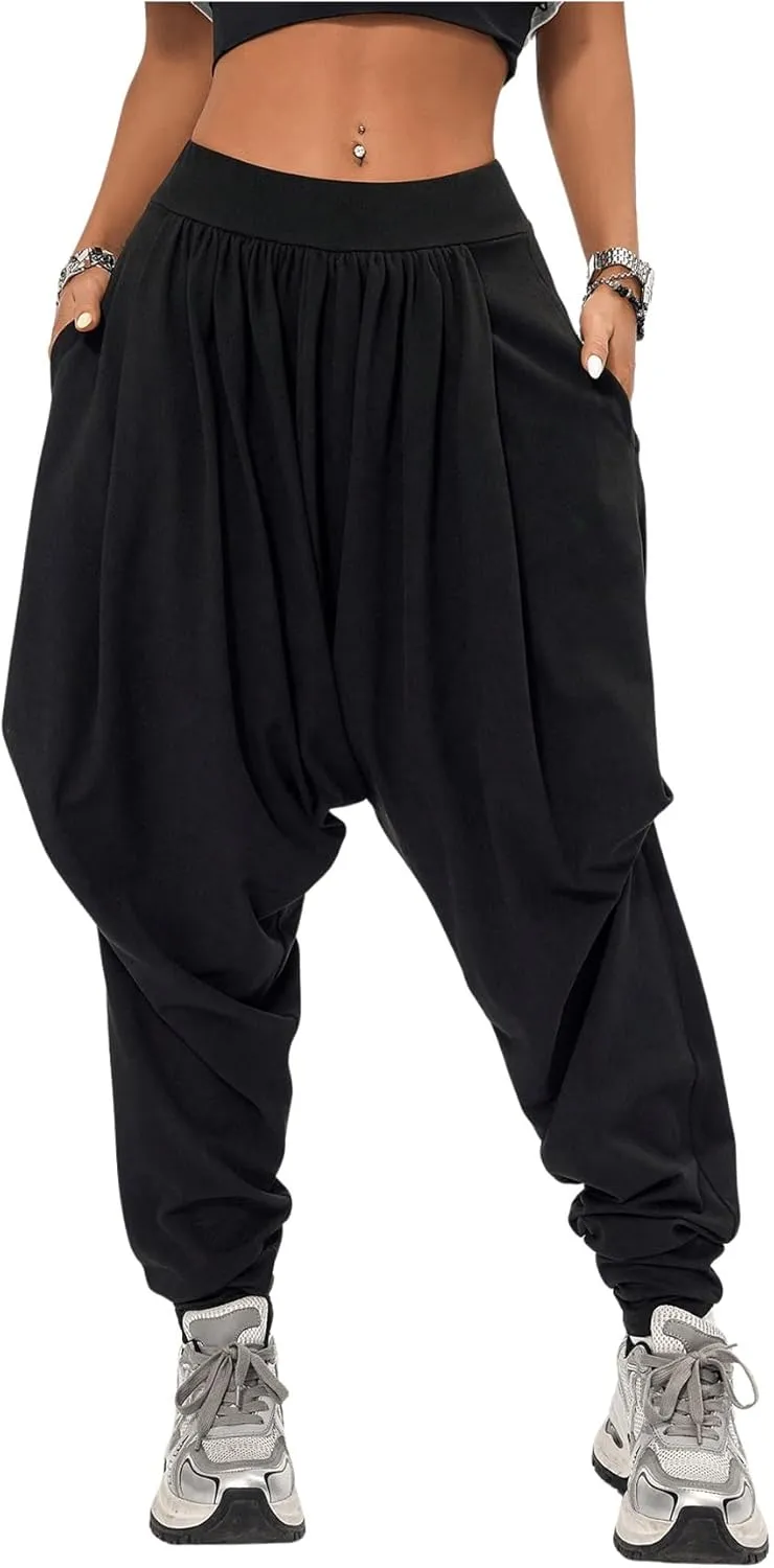 Verdusa Women's Hippie Baggy Harem Pants Elastic Waist Drop Crotch Trousers with Pockets