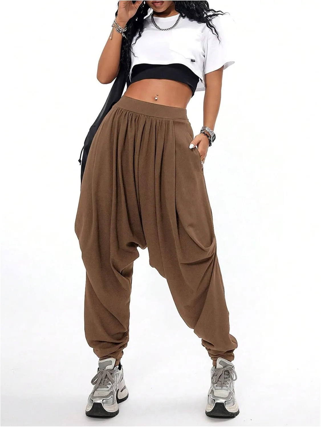 Verdusa Women's Hippie Baggy Harem Pants Elastic Waist Drop Crotch Trousers with Pockets