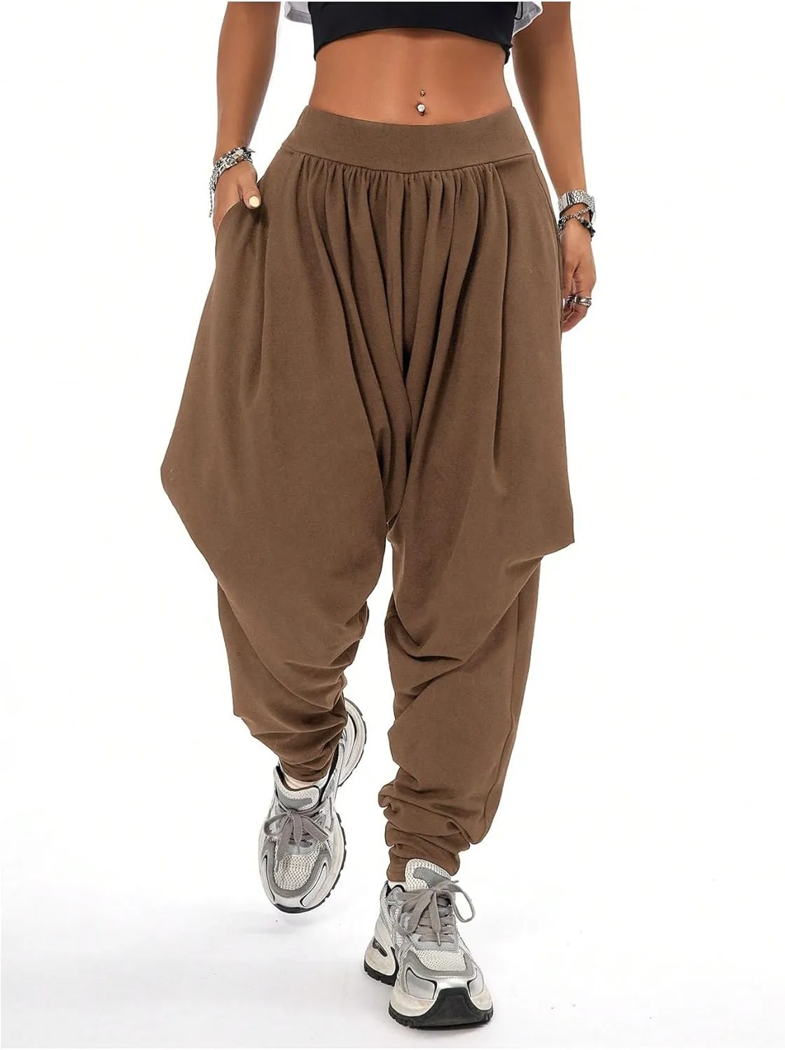 Verdusa Women's Hippie Baggy Harem Pants Elastic Waist Drop Crotch Trousers with Pockets