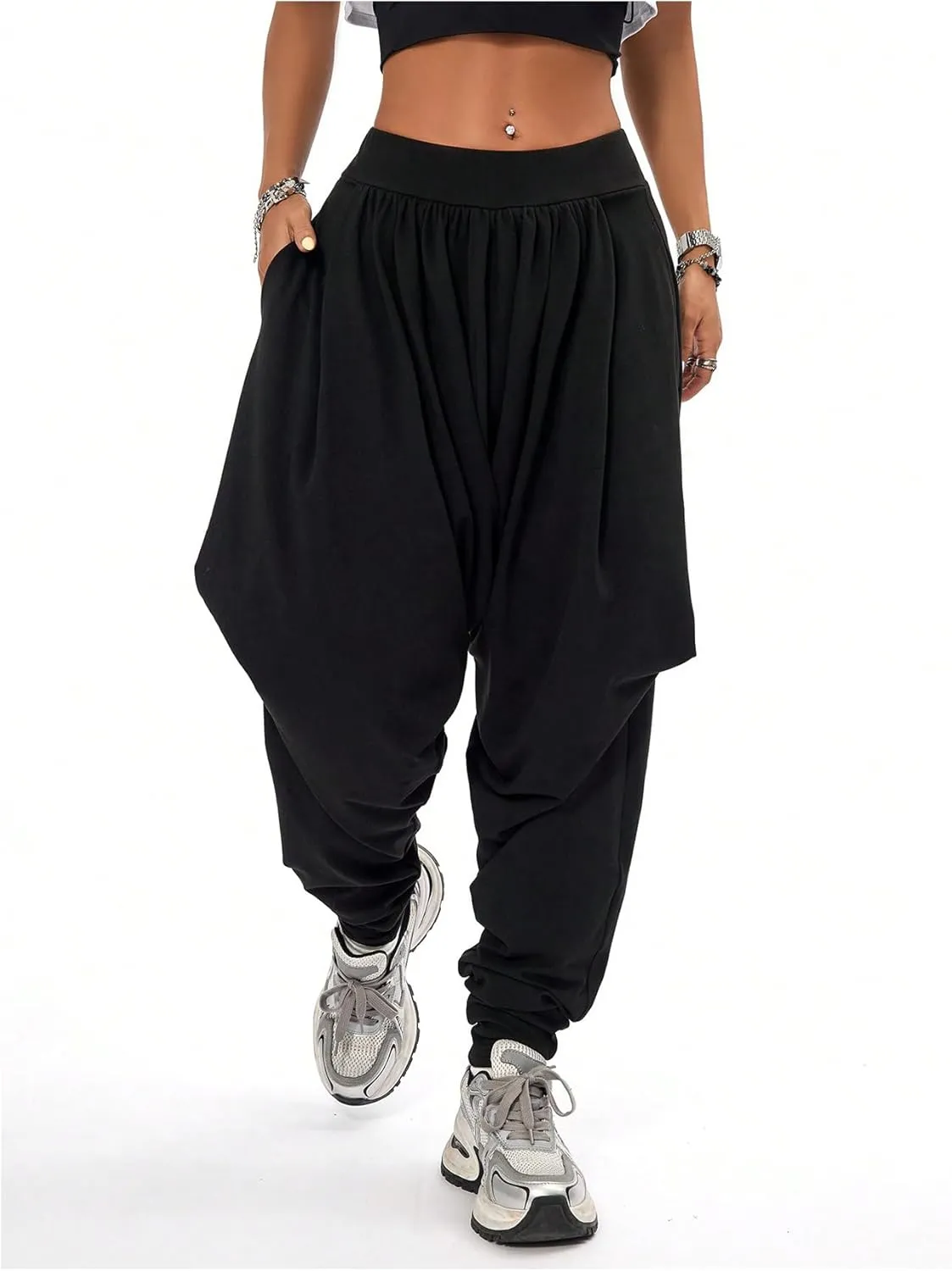 Verdusa Women's Hippie Baggy Harem Pants Elastic Waist Drop Crotch Trousers with Pockets