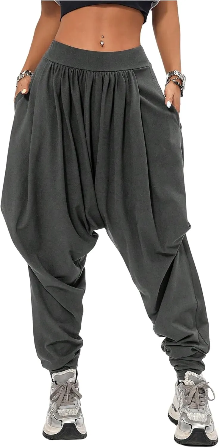 Verdusa Women's Hippie Baggy Harem Pants Elastic Waist Drop Crotch Trousers with Pockets