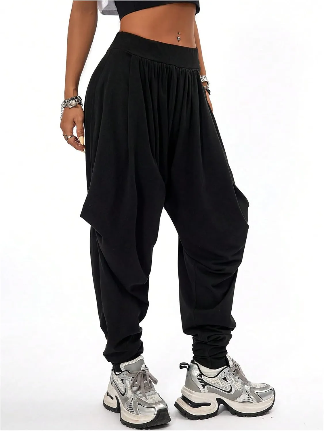 Verdusa Women's Hippie Baggy Harem Pants Elastic Waist Drop Crotch Trousers with Pockets
