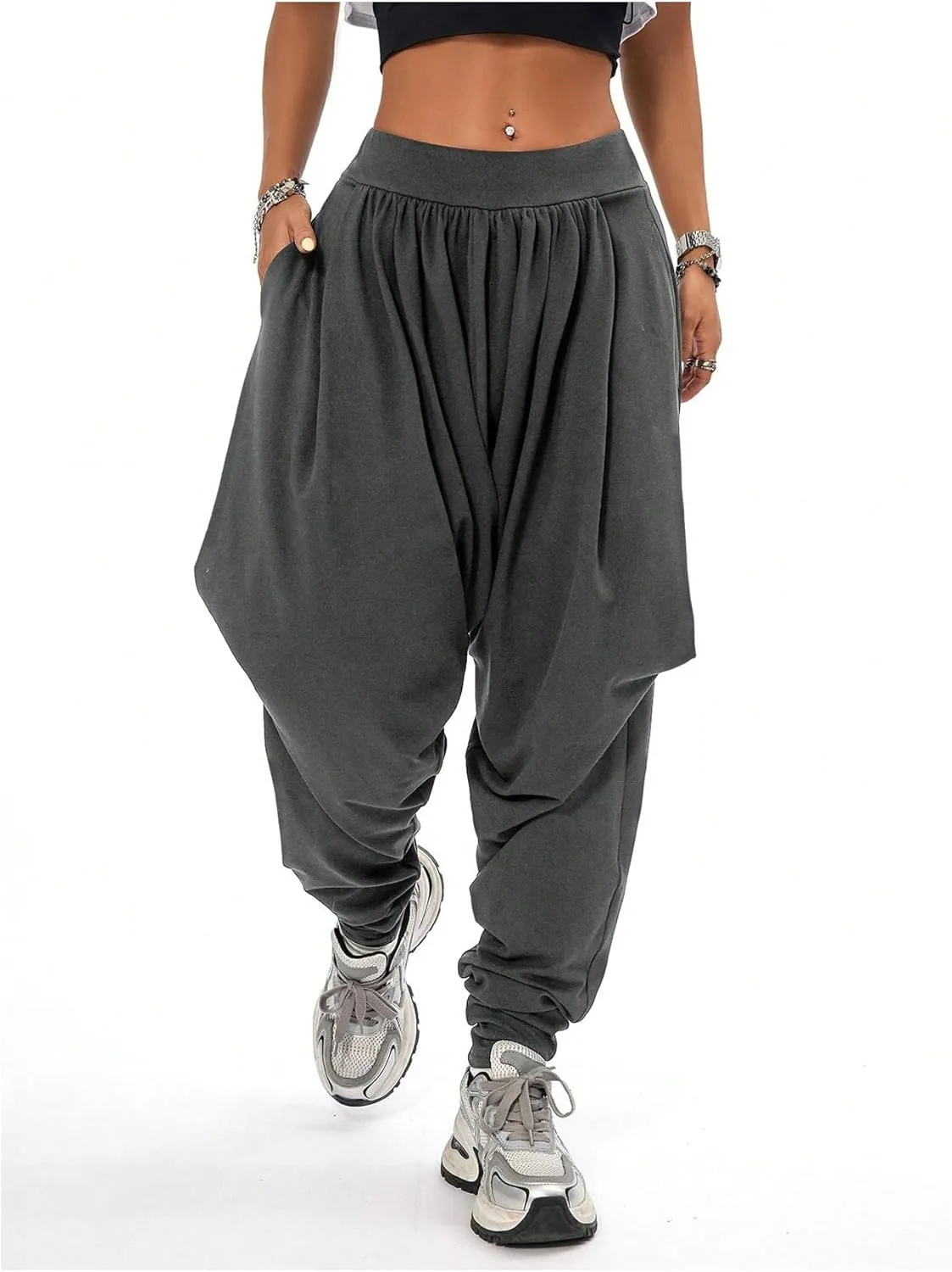 Verdusa Women's Hippie Baggy Harem Pants Elastic Waist Drop Crotch Trousers with Pockets