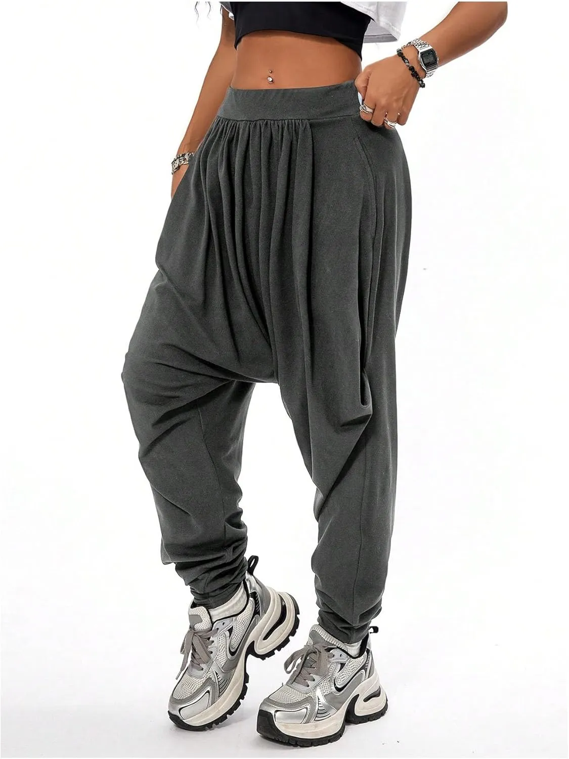Verdusa Women's Hippie Baggy Harem Pants Elastic Waist Drop Crotch Trousers with Pockets