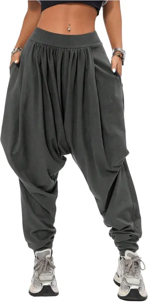Verdusa Women's Hippie Baggy Harem Pants Elastic Waist Drop Crotch Trousers with Pockets
