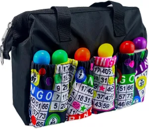 Versatile Large Bingo Daubers Bag | 8 Pockets | Bingo Accessories & Makeup Case | Zippered Carrying Storage Bag | Bingo Card & Balls Pattern | Women's Knitting Crochet Tote Bags Mothers Day Gifts