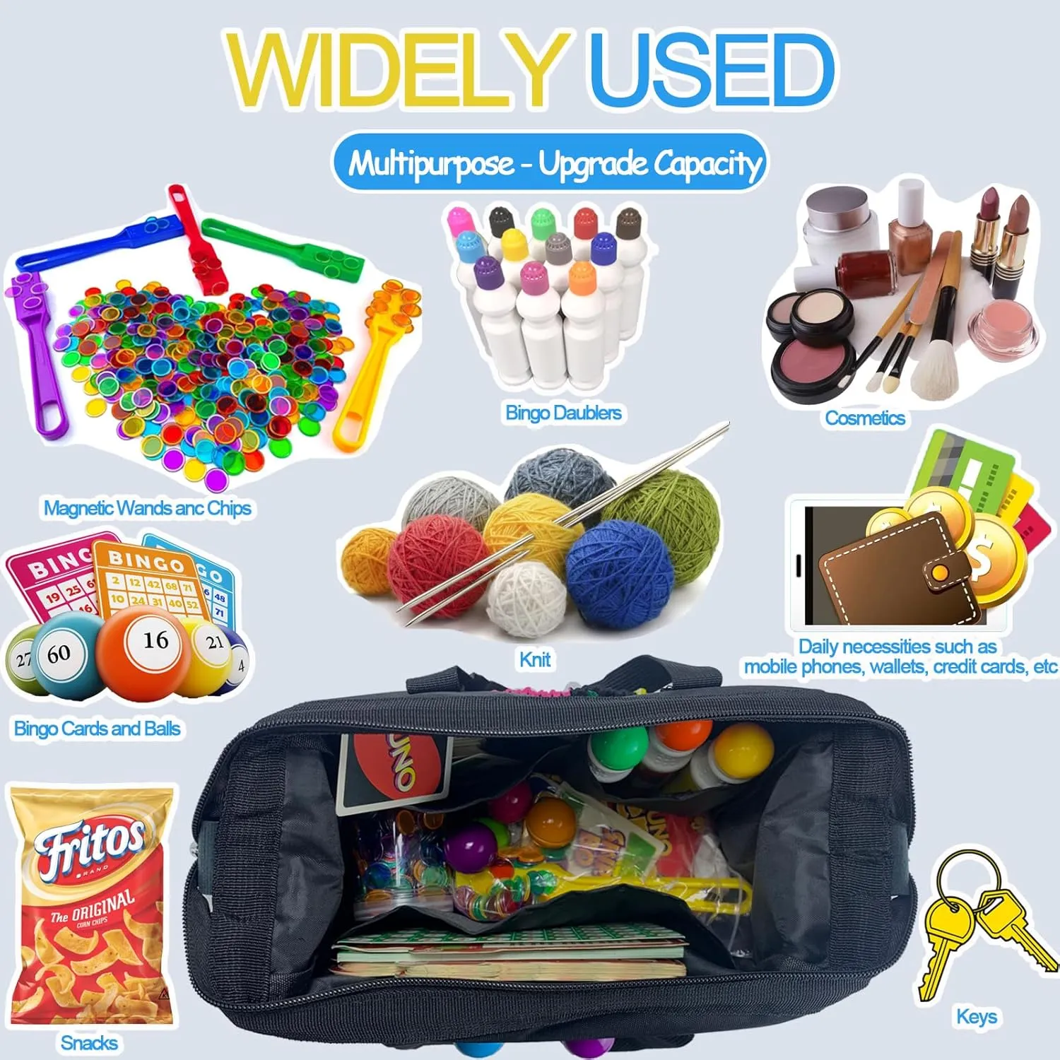 Versatile Large Bingo Daubers Bag | 8 Pockets | Bingo Accessories & Makeup Case | Zippered Carrying Storage Bag | Bingo Card & Balls Pattern | Women's Knitting Crochet Tote Bags Mothers Day Gifts