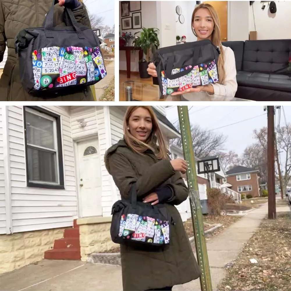Versatile Large Bingo Daubers Bag | 8 Pockets | Bingo Accessories & Makeup Case | Zippered Carrying Storage Bag | Bingo Card & Balls Pattern | Women's Knitting Crochet Tote Bags Mothers Day Gifts