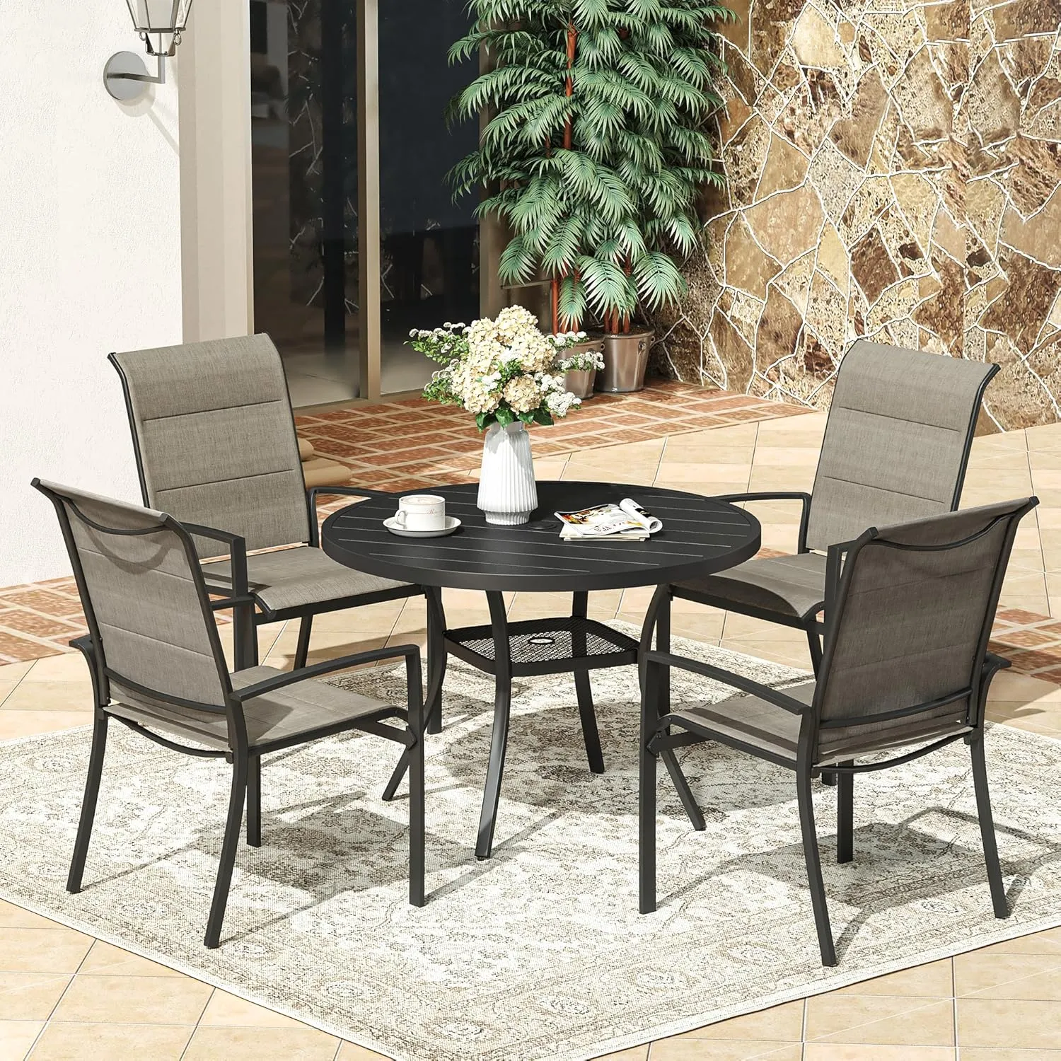 VICLLAX Patio Dining Chairs Set of 2, Outdoor Stackable Padded Textilene Fabric Chairs with Metal Frame for Lawn Garden Backyard Deck, Black Frame