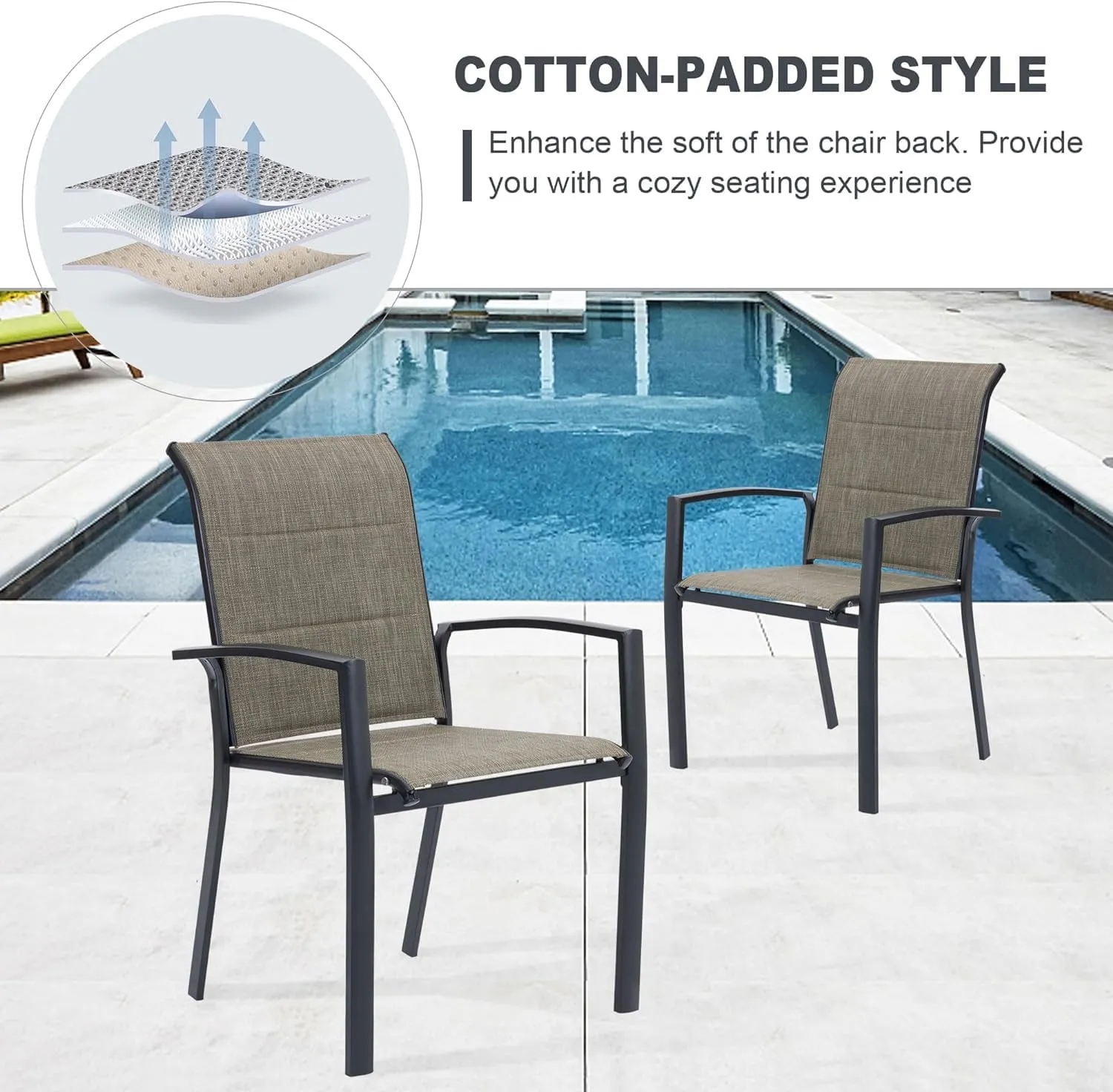 VICLLAX Patio Dining Chairs Set of 2, Outdoor Stackable Padded Textilene Fabric Chairs with Metal Frame for Lawn Garden Backyard Deck, Black Frame