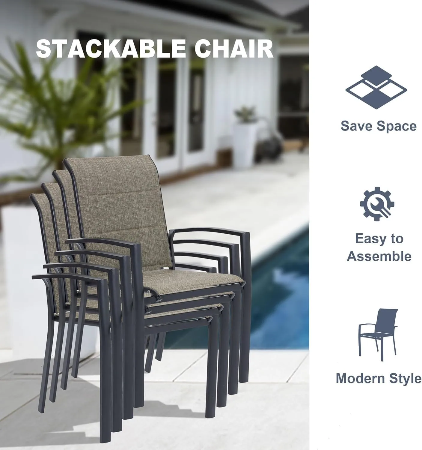 VICLLAX Patio Dining Chairs Set of 2, Outdoor Stackable Padded Textilene Fabric Chairs with Metal Frame for Lawn Garden Backyard Deck, Black Frame
