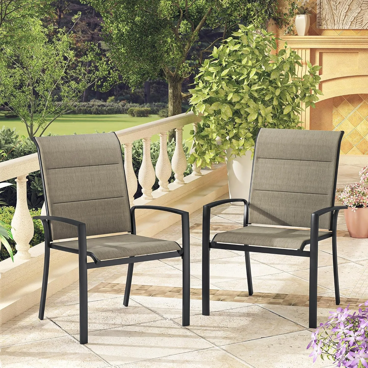 VICLLAX Patio Dining Chairs Set of 2, Outdoor Stackable Padded Textilene Fabric Chairs with Metal Frame for Lawn Garden Backyard Deck, Black Frame