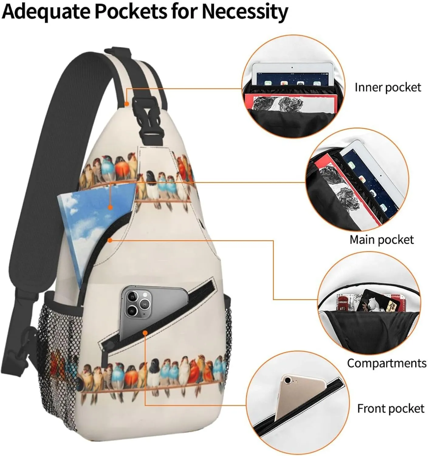 Vintage Birds Chest Sling Bag Crossbody Shoulder Backpack Bag Gym Cycling Daypack Travel Hiking Cross Bag
