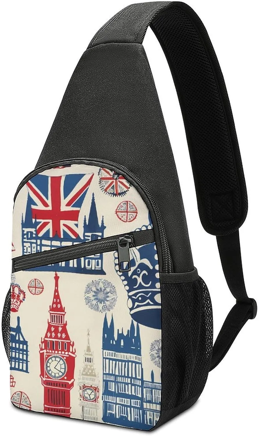 Vintage England London Big Ben Red Blue Crown Sling Bag Travel Daypack Crossbody Shoulder Backpack for Hiking Cycling