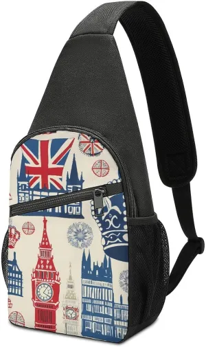 Vintage England London Big Ben Red Blue Crown Sling Bag Travel Daypack Crossbody Shoulder Backpack for Hiking Cycling